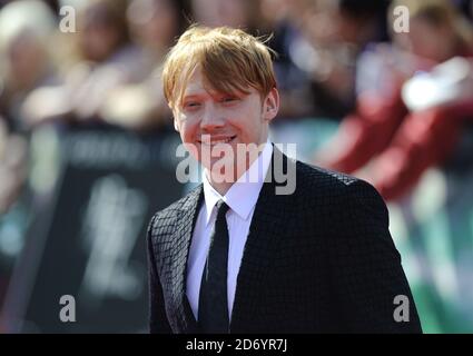 Rupert Grint bei der Weltpremiere von Harry Potter und die Heiligtümer des Todes Teil 2, am Trafalgar Square im Zentrum von London. Stockfoto