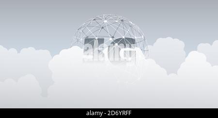 5G Network Label mit Wireframe Globe - High Speed, Broadband Mobile Telecommunication and Wireless Systems Design Concept Stock Vektor