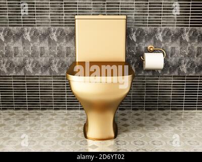 Goldene Toilette im Luxus-Badezimmer. 3D-Illustration. Stockfoto