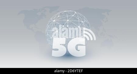 5G Network Label mit Wireframe Globe - High Speed, Broadband Mobile Telecommunication and Wireless Systems Design Concept Stock Vektor