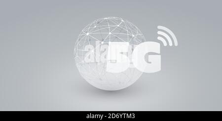 5G Network Label mit Wireframe Globe - High Speed, Broadband Mobile Telecommunication and Wireless Systems Design Concept Stock Vektor