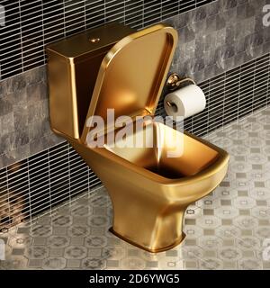 Goldene Toilette im Luxus-Badezimmer. 3D-Illustration. Stockfoto