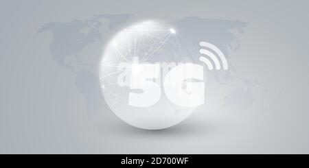 5G Network Label mit Globe - High Speed, Broadband Mobile Telecommunication and Wireless Systems Design Concept Stock Vektor