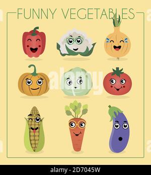 Ich liebe Gemüse. Lustige Zeichentrickfigur. Vektorgrafik. Eine Reihe von flachen Gemüse und Obst mit Cartoon-Gesichter. Lustige Charaktere aus dem Essen. Verschiedene Emotionen Lachen, Verlegenheit, Überraschung auf Wassermelone, Birne, Pfeffer, Kürbis, Kohl, Tomaten, Mais, Karotten und Auberginen. Stock Vektor