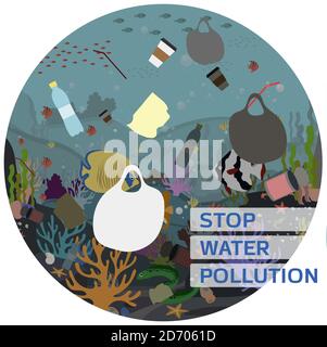 Flache Vektorgrafik zum Schutz von Wasser und Umwelt vor Verschmutzung. Ein Bild der Unterwasserwelt mit Korallen, Fischen, Muränen, Algen, verschmutzt mit Müll, Plastik und Abfall. Plakat für einen Aufruf, Müll zu recyceln und die Weltmeere zu säubern. Stock Vektor