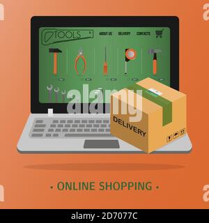 Online-Shop von Werkzeugen für Reparatur und Bau auf einem Laptop . Flaches Illustrationslager mit schneller Lieferung nach Hause. Die Smartphone-App, die Hauptseite der Website. Ein geöffneter Laptop mit einer Online-Tool-Store-Seite auf dem Bildschirm. Stock Vektor