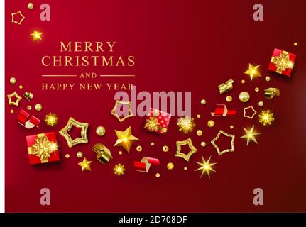 Rotes Weihnachtsbanner. Vektor Xmas Hintergrund mit Girlande, realistische Geschenke-Box, Schneeflocke und Glitter Gold und roten Konfetti, Geschenkbox.Chic Weihnachten Stock Vektor