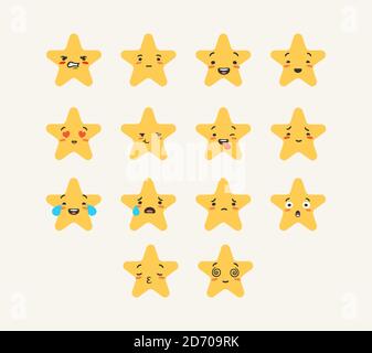 Cartoon Star Emoji Bewertung. Setzen Sie Emotionen der Charaktere Sterne mit freudigen und traurigen Gesichtern Ausdruck. Stock Vektor