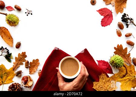 Herbstlicher Rahmen aus getrockneten Blättern, Tannenzapfen, Beeren, Eicheln, warmem Schal und Hand mit Tasse Kaffee auf weißem Hintergrund. Vorlage Mockup Fall Stockfoto