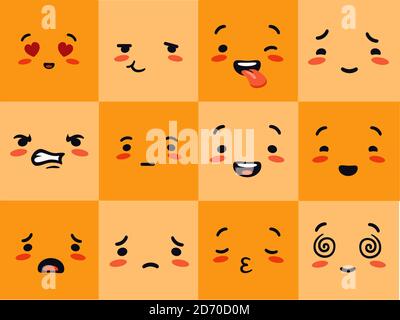Emogi Gesicht quadratisch. Emotionale Charaktere erleben gelbe fröhliche Herzen mit Liebesaugen erstaunt schluchzend. Stock Vektor