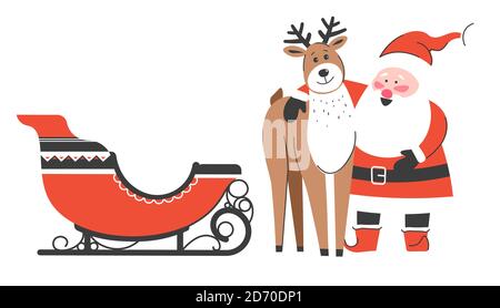 Weihnachtsmann umarmt Rentiere, Weihnachtsfiguren Stock Vektor