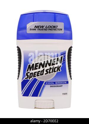 BUKAREST, RUMÄNIEN - 9. OKTOBER 2015. Mennen Speed Stick Cool Breeze Deodorant, Schutz vor Schweiß Stockfoto