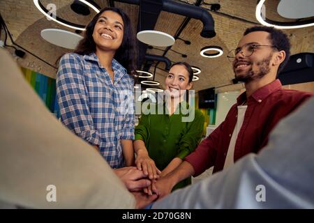 Gruppe von glücklichen jungen multirassischen Geschäftsleuten tun Fäuste stoßen und lächeln, Erfolg feiern, während im Büro stehen. Teamwork und Kooperationskonzept Stockfoto