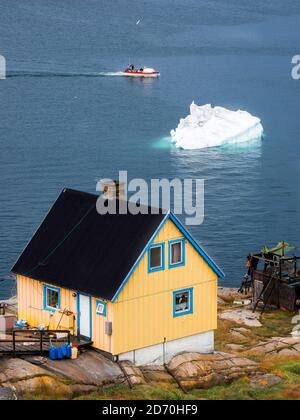 Traditionelle Fischerhütte. Stadt Ilulissat am Ufer der Disko Bay in Westgrönland, Zentrum für Tourismus, Verwaltung und Wirtschaft. Der eisfjord n Stockfoto