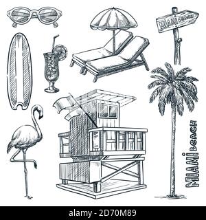 Wahrzeichen von Miami Beach. Florida Urlaub Design Elemente gesetzt. Vektor-Doodle Skizze Illustration. Handgezeichnete Symbole, isoliert auf weißem Hintergrund Stock Vektor