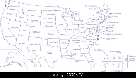 Skizzieren Sie die politische US-Karte mit den Titeln der Staaten. Alle USA-Regionen werden getrennt und in einem Layerpanel benannt Stock Vektor