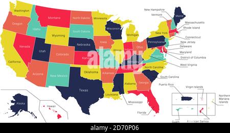 Karte von Amerika. Politische Landkarte der Vereinigten Staaten. US-Blaupause mit den Titeln von Staaten und Regionen. Alle Länder werden im Ebenenbedienfeld benannt Stock Vektor