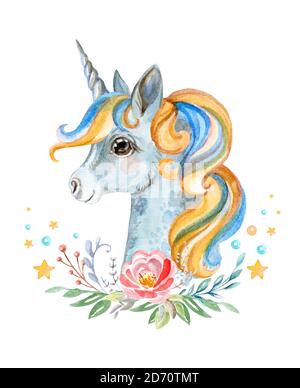 Aquarell Einhorn im Profil mit schönen Blumen Stockfoto