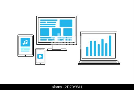 Vector Icons elektronische Geräte. Smartphone, Tablet, Laptop und Desktop-Computer. Dünne lineare Symbol schwarz mit blau. Stock Vektor