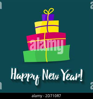 Poster Happy New Year Grußkarte Vorlage. Ein Stapel von Schachteln mit farbigen Geschenken auf dunklem Hintergrund. Kann für Karten für Weihnachten oder Geburtstag verwendet werden. Stock Vektor