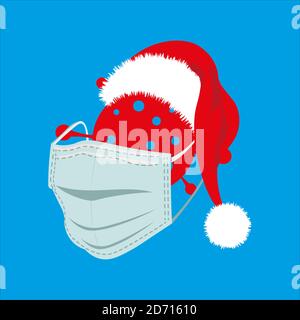 Happy Covid Weihnachten, Coronavirus trägt einen weihnachtsmann Hut und Maske auf blauem Hintergrund. Stock Vektor
