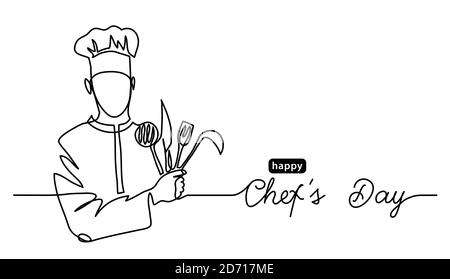 Happy Chefs Day einfaches Vektor-Webbanner, Rand, Hintergrund, Poster. Lineart Illustration mit Text Chefs Day. Eine fortlaufende Linienzeichnung Stock Vektor