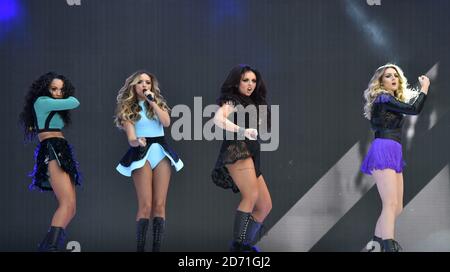 EXKLUSIV (von links nach rechts) Leigh-Anne Pinnock, Jade Thirlwall, Jesy Nelson und Perrie Edwards von Little Mix treten während des Summertime Ball von Capital FM im Wembley Stadium, London, auf. Stockfoto