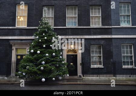 Eine allgemeine Ansicht der Downing Street Nr. 10, die den Weihnachtsbaum vor der Tür zeigt. Stockfoto