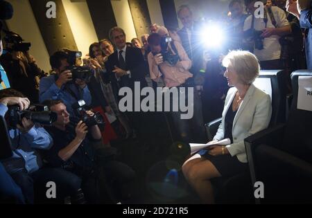 Andrea Leadsom nahm an einer Pressekonferenz Teil, um ihre Führungskampagne für die Konservative Partei in Millbank in London zu fördern. Stockfoto