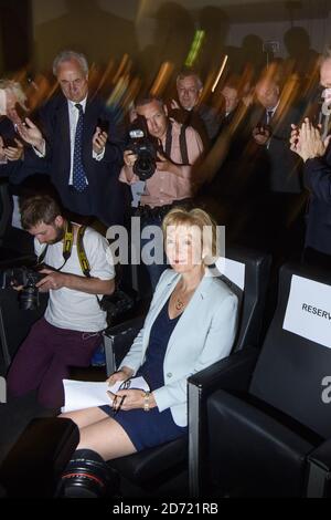 Andrea Leadsom nahm an einer Pressekonferenz Teil, um ihre Führungskampagne für die Konservative Partei in Millbank in London zu fördern. Stockfoto