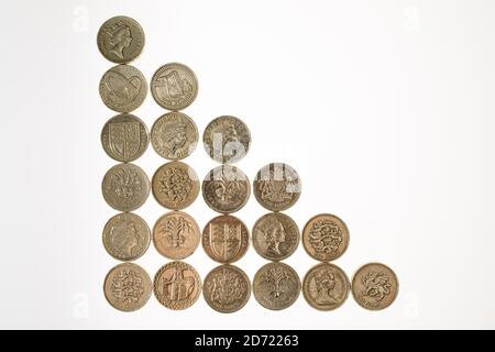 Eine Auswahl von 1-Pfund-Münzen, da das Pfund gegenüber Dollar und Euro weiterhin schwach ist, nachdem es nach dem Brexit-Referendum auf ein 30-Jahres-tief gefallen ist. Stockfoto