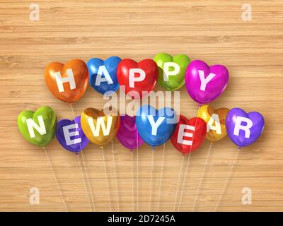 Bunte glückliches neues Jahr Herz geformte Luftballons auf einem hölzernen Hintergrund. 3D-Darstellung rendern Stockfoto