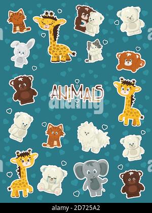 Set von Tieren Giraffe, Elefant, Kaninchen, Bär, Grizzly, Eisbär, Katzen, Hunde und Elefanten Aufkleber mit weißem Rand Stock Vektor