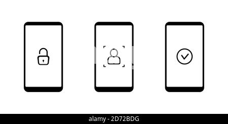 Eine Reihe von Vektorsymbolen zur schrittweisen Identifizierung einer Person auf Ihrem Telefon. Kann für die Benutzeroberfläche, Webseiten, Anwendungen verwendet werden. Stock Vektor