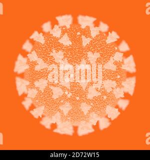 Nahaufnahme des Covid-19-Virus in orangefarbener Färbung. 3D-Rendering. Stockfoto