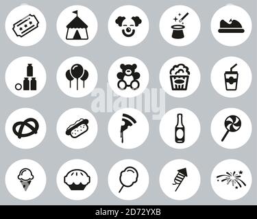 Fair oder Karneval Icons Schwarz & Weiß Flat Design Circle Groß Einstellen Stock Vektor