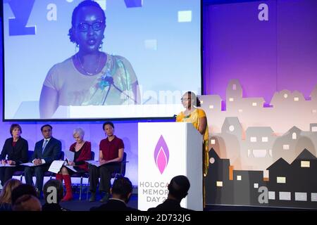 Marie Chantal Uwamahoro, die Genozid-Überlebende aus Ruanda, spricht während einer vom Holocaust Memorial Day Trust organisierten Zeremonie im QEII-Zentrum in Westminster, London. Bilddatum: Sonntag, 27. Januar 2019. Bildnachweis sollte lauten: Matt Crossick/ EMPICS Entertainment. Stockfoto