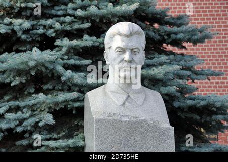 = Büste von Joseph Stalin im Hintergrund einer Kiefer = die hellgraue Granitbüste (Grabstein) des sowjetischen Führers Joseph Stalin (Iosif Dschugaschvil Stockfoto