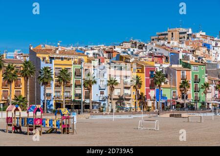 Bunte Häuser, Villajoyosa, Costa Blanca, Valencia, Spanien Stockfoto