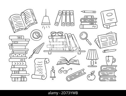 Stapel von Papierbüchern, Hausbibliothek, Bücherregal im Doodle-Stil. Handgezeichnetes Objekt zum Lesen Stock Vektor