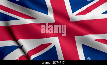 Vereinigtes Königreich Satin Flagge. Wehende Stofftextur der Flagge von Großbritannien, echte Textur Flagge. Realistisches Flag. Winkende Flagge des Vereinigten Königreichs Stockfoto