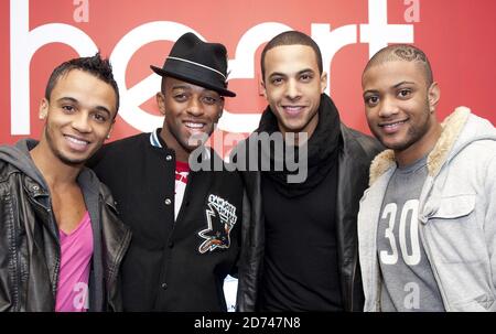 JLS im Bild nach einem Interview mit Emma Bunton und Neil Bentley in den Global Radio Studios im Zentrum von London. Stockfoto