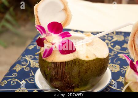 Cocktail von Pina Colada in Kokosnuss Stockfoto