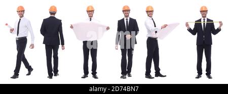 Panorama Foto Collage von qualifizierten Architekten isoliert auf weißem Stockfoto