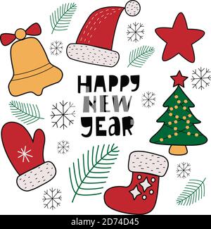 Set von Silvester-Elementen - Baum, Stern, Weihnachtsmann Hut, Fäustlinge, Filzstiefel, Schneeflocken auf weißem Hintergrund, in Vektorgrafiken. Für das Design von Stock Vektor