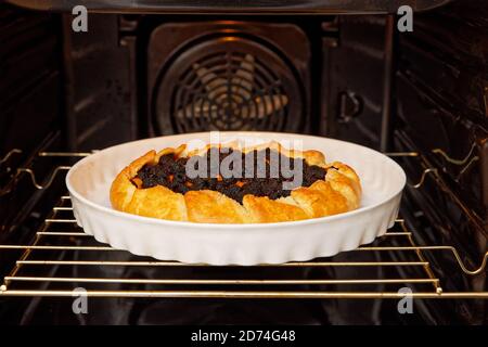 Frisch zubereitete hausgemachte Galette mit schwarzen Himbeeren und Aprikose im heimischen Ofen. Geringer Fokus. Stockfoto