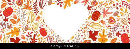 Herbstblätter, Früchte, Beeren und Kürbisse Grenze Herz Rahmen Hintergrund mit Raum Text. Saisonale florale Ahorn Eiche Baum orange Blätter für Stock Vektor