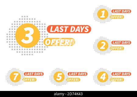 1,2,3,4,5,6 Tage bis zum letzten Countdown-Symbol. Ein Tag Verkaufspreis, Angebot für Werbe-Timer, nur ein paar Tage. Stock Vektor
