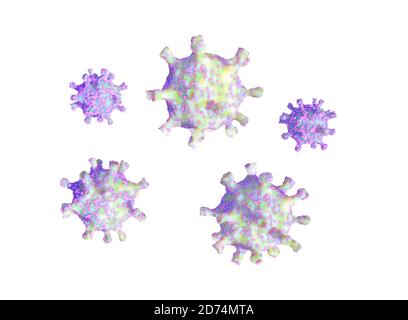 Helle schöne Coronavirus-Zellen isoliert auf weiß, COVID-19. 3d-Illustration Stockfoto