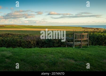 Ein verwitterter Holzsitz mit Blick auf das Crowlink Estate (4) Stockfoto